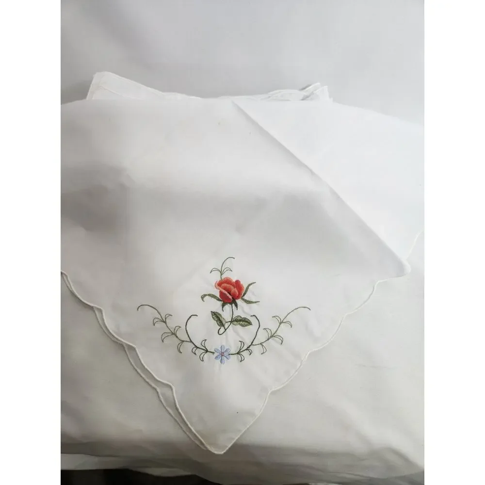 Vintage Set of 12 Embroidered Rose Linen Napkins Scalloped Edge Cottagecore...